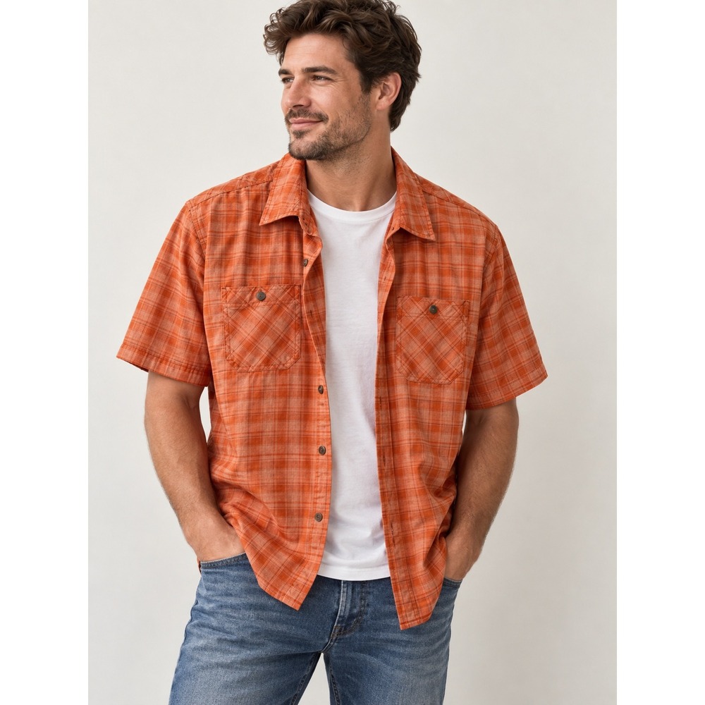Orvis Classic Collection Mens L Button Down Shirt Orange Plaid 1494392 Used